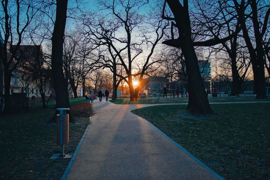 A serene sunset view in Poznań's park, capturing silhouettes of people strolling under bar