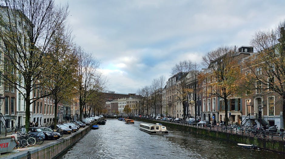 Peaceful Amsterdam canal scene with boats, trees, and historic buildings.