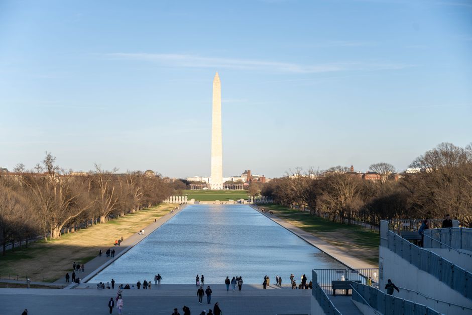 Scenic view of Washington Monument from the Lincoln Memorial reflecting pool in Washington D.C.