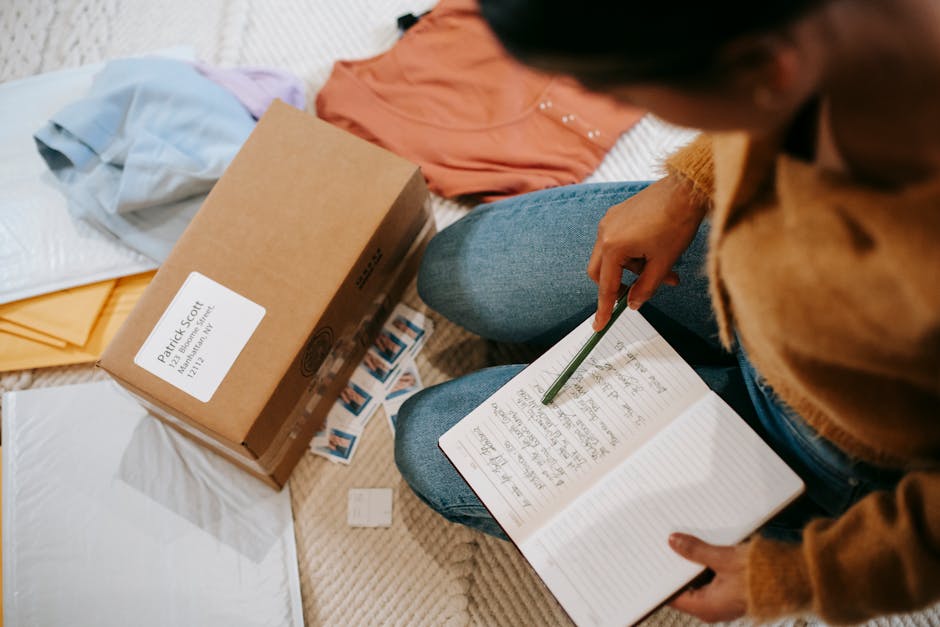 Top view of crop anonymous female checking address on parcel and in planner among clothes on floor