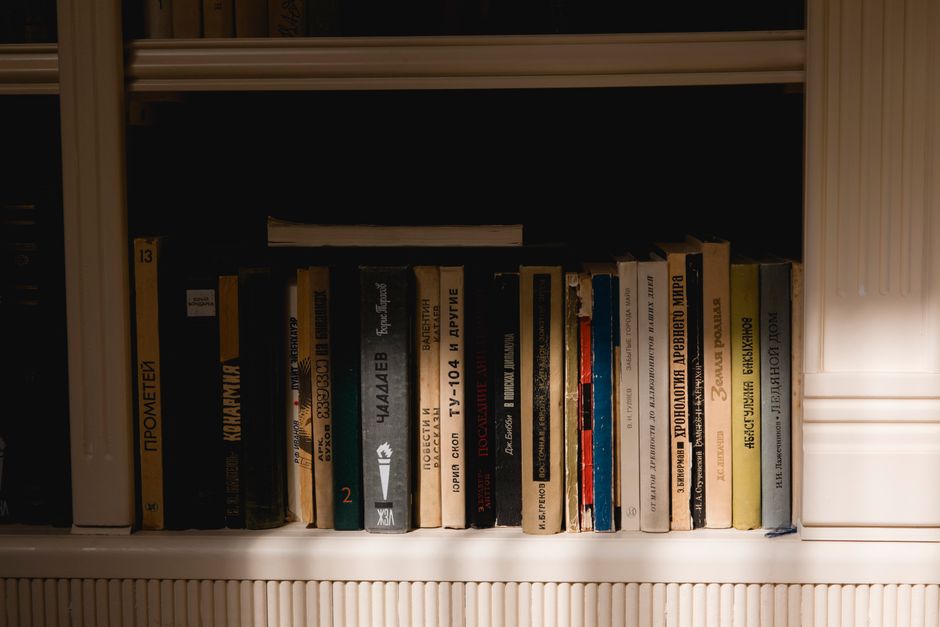A close-up of books on a sunlit bookshelf, creating a warm and inviting interior atmosphere.