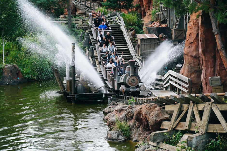 Thrilling train ride on Big Thunder Mountain at Disneyland Paris in France.