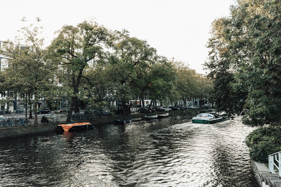 Serene view of a canal in Amsterdam with boats and lush trees lining the water.