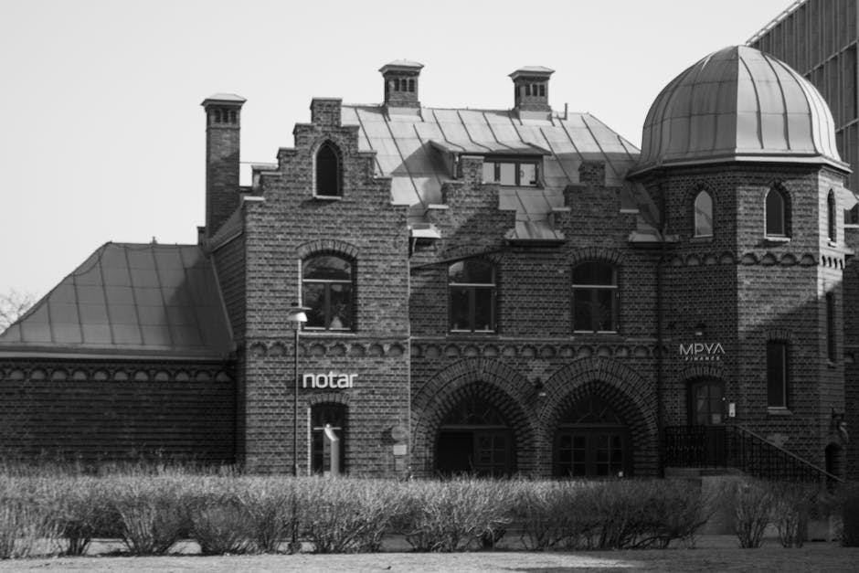 Black and white photo of a historic brick building in Jönköping, Sweden.